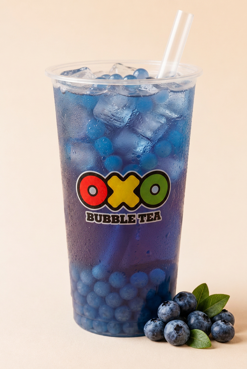 OXO Green Tea + Blueberry bubble tea with popping boba