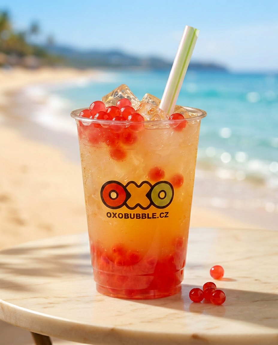 OXO Bubble Tea with popping boba served on a sunny terrace