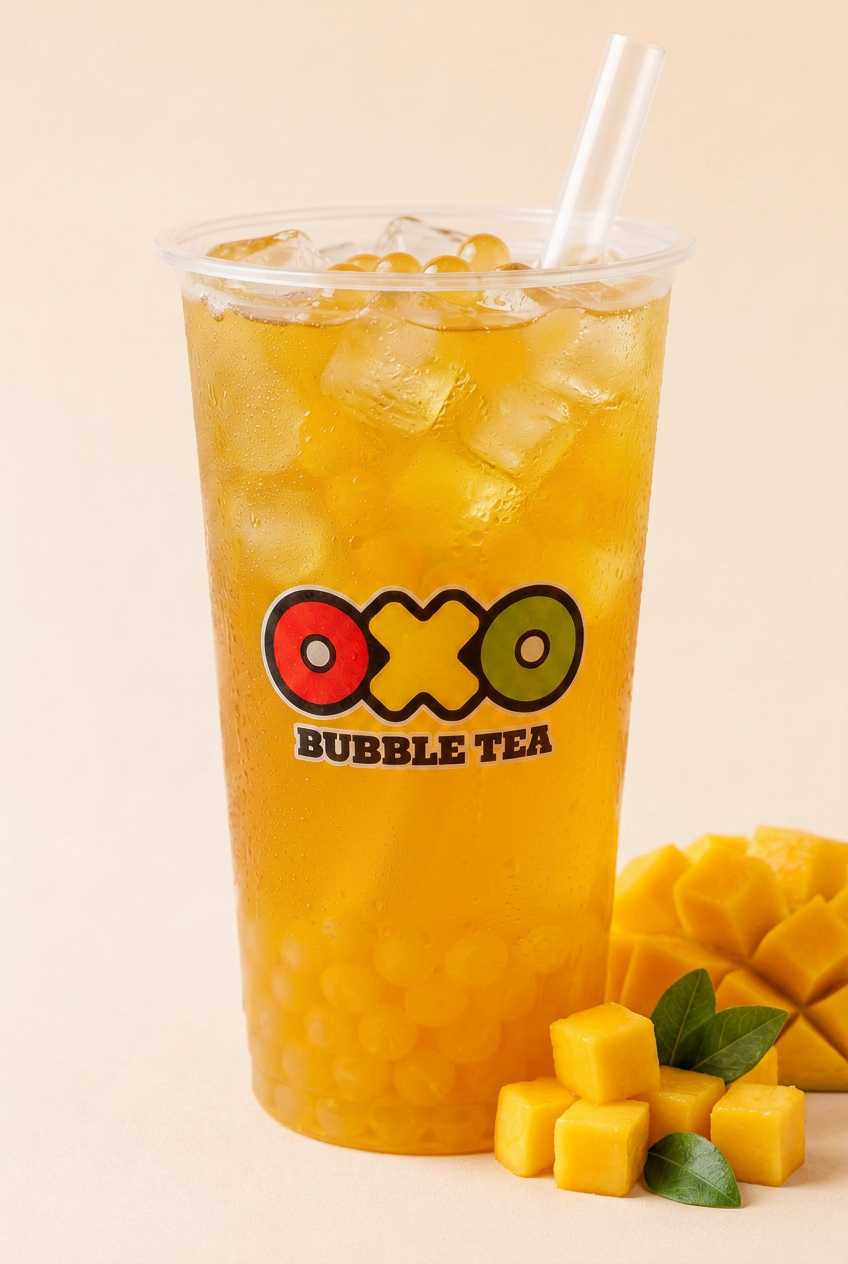 OXO Mango bubble tea with popping boba