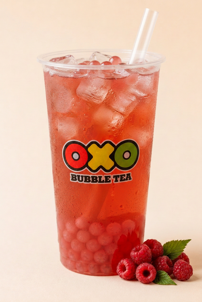 OXO Green Tea + Raspberry bubble tea with popping boba