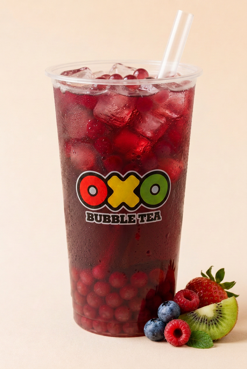OXO Green Tea + Tutti Frutti bubble tea with popping boba